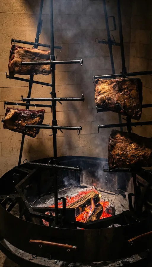 Meat roasting on iron crosses around an open fire